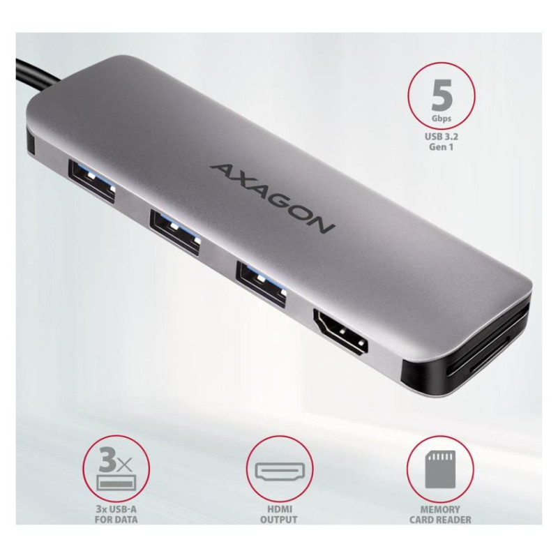 Axagon Multi port USB 3.2 Gen 1 hub. HDMI, card reader and three USB-A outputs. Cable USB-C 20 cm.