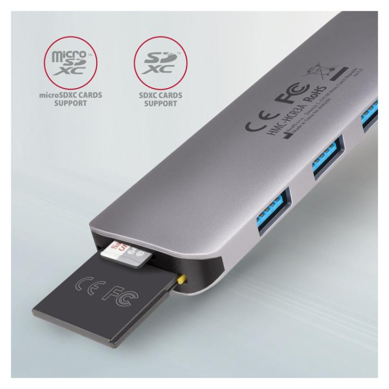 Axagon Multi port USB 3.2 Gen 1 hub. HDMI, card reader and three USB-A outputs. Cable USB-C 20 cm.