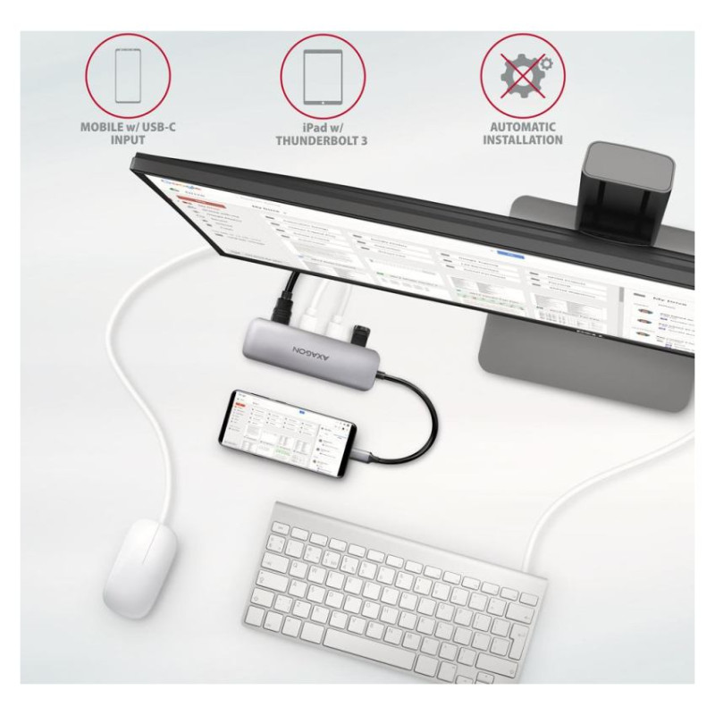 Axagon Multi port USB 3.2 Gen 1 hub. HDMI, card reader and three USB-A outputs. Cable USB-C 20 cm.