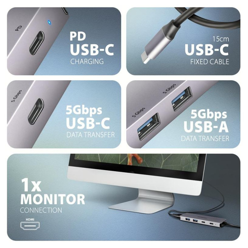 Axagon HMC-5H60 USB-C 3.2 Gen 1 hub, 2x USB-A, 1x USB-C, 4K 60Hz HDMI, PD 100W, 15cm USB-C cable