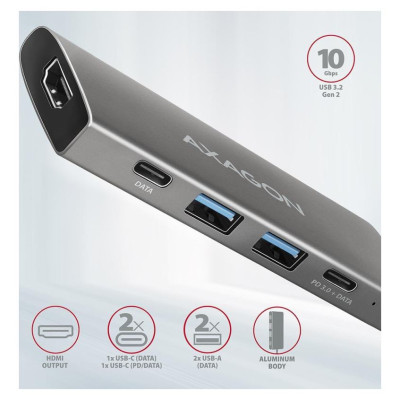 Axagon HMC-5G2 2x USB-A + 2x USB-C + HDMI, USB-C 3.2 Gen 2 10Gbps hub, PD 60W, 13cm USB-C cable