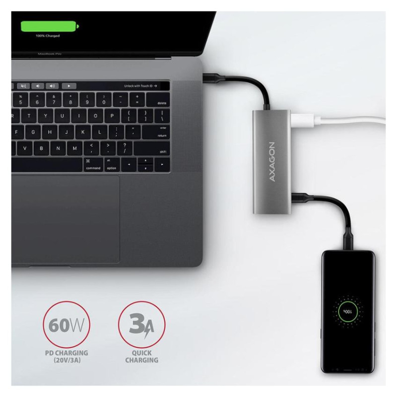 Axagon HMC-5G2 2x USB-A + 2x USB-C + HDMI, USB-C 3.2 Gen 2 10Gbps hub, PD 60W, 13cm USB-C cable