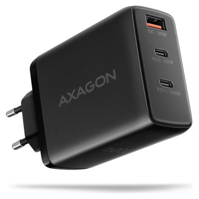 Axagon ACU-DPQ100 GaN Wall charger, 3x port (USB + dual USB-C), PD3.0/QC4+/PPS/Apple, 100W, black