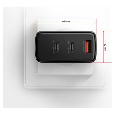 Axagon ACU-DPQ100 GaN Wall charger, 3x port (USB + dual USB-C), PD3.0/QC4+/PPS/Apple, 100W, black