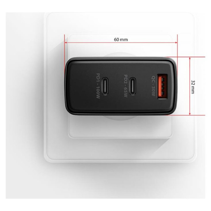 Axagon ACU-DPQ100 GaN Wall charger, 3x port (USB + dual USB-C), PD3.0/QC4+/PPS/Apple, 100W, black