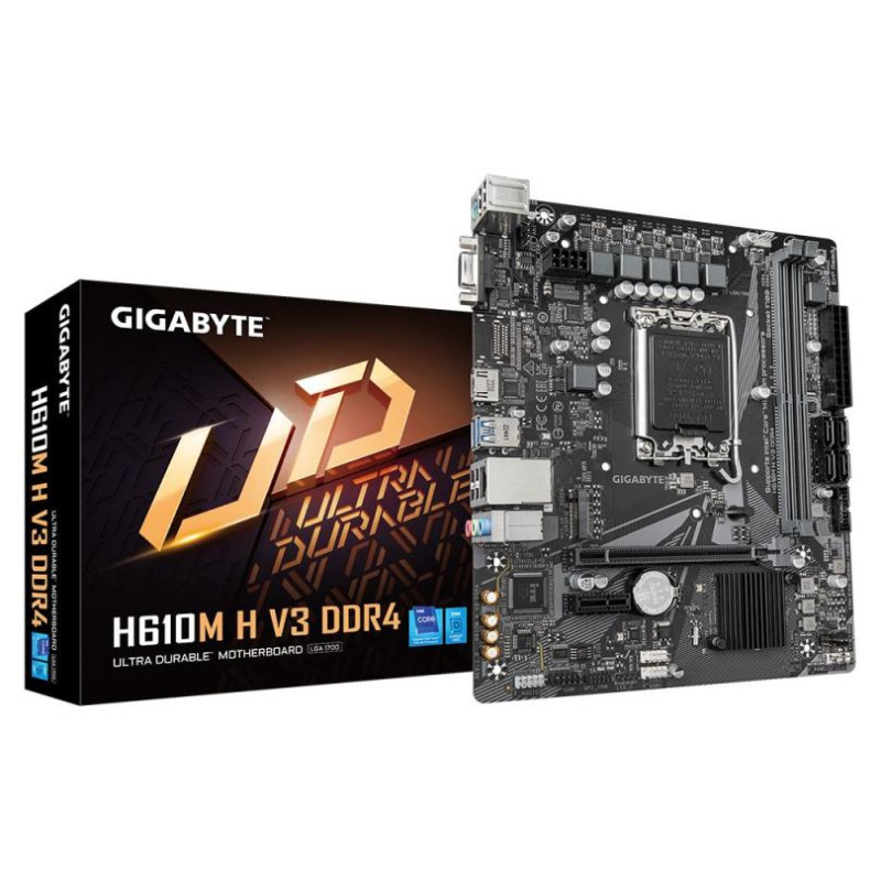 Gigabyte Mainboard|GIGABYTE|Intel H610|LGA1700|Micro-ATX|Memory DDR4|Memory slots 2|1xPCI-Express 3.0 1x|1xPCI-Express 4.0 16x|1xM.2|1x15pin D-sub|1xHDMI|4xUSB 2.0|2xUSB 3.2|1xPS/2|1xRJ45|3xAudio port|H610MHV3DDR4