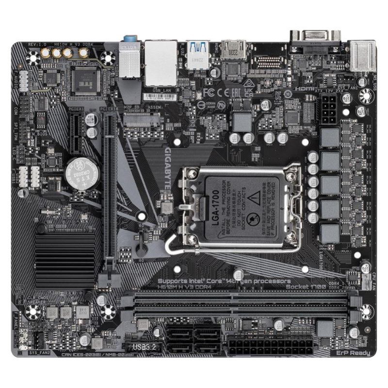 Gigabyte Mainboard|GIGABYTE|Intel H610|LGA1700|Micro-ATX|Memory DDR4|Memory slots 2|1xPCI-Express 3.0 1x|1xPCI-Express 4.0 16x|1xM.2|1x15pin D-sub|1xHDMI|4xUSB 2.0|2xUSB 3.2|1xPS/2|1xRJ45|3xAudio port|H610MHV3DDR4