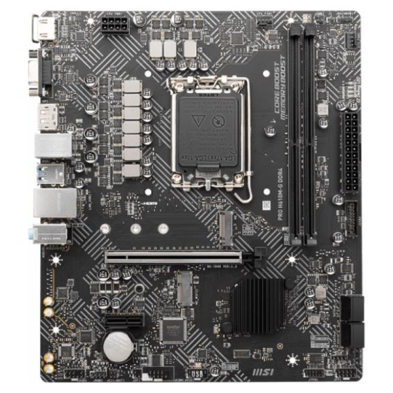 MSI Mainboard|MSI|Intel H610|LGA1700|MicroATX|Memory DDR4|Memory slots 2|1xPCI-Express 3.0 1x|1xPCI-Express 4.0 16x|1xM.2|1x15pin D-sub|1xHDMI|1xDisplayPort|2xAudio-In|1xAudio-Out|4xUSB 2.0|2xUSB 3.2|1xPS/2|1xRJ45|PROH610M-GDDR4