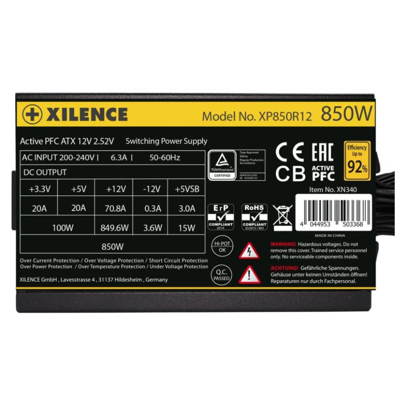 Xilence Power Supply|XILENCE|850 Watts|Efficiency 80 PLUS GOLD|PFC Active|XN340