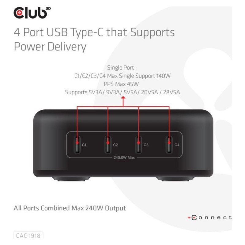 Club3D MOBILE CHARGER 4PORT/GAN 240W CAC-1918 CLUB3D