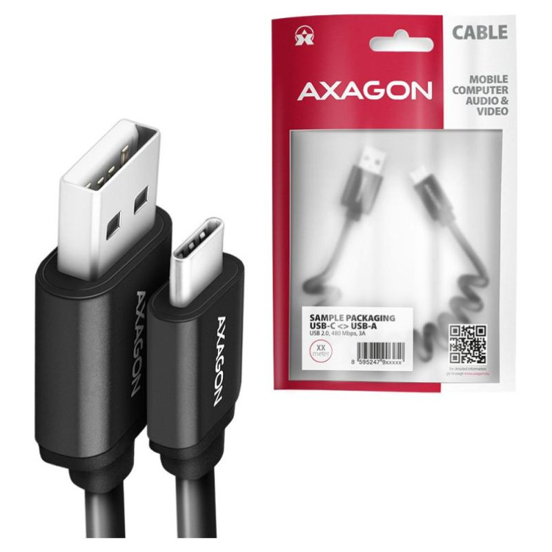 Axagon Data and charging USB 2.0 cable lengh 0.6m. 3A. Black twisted.