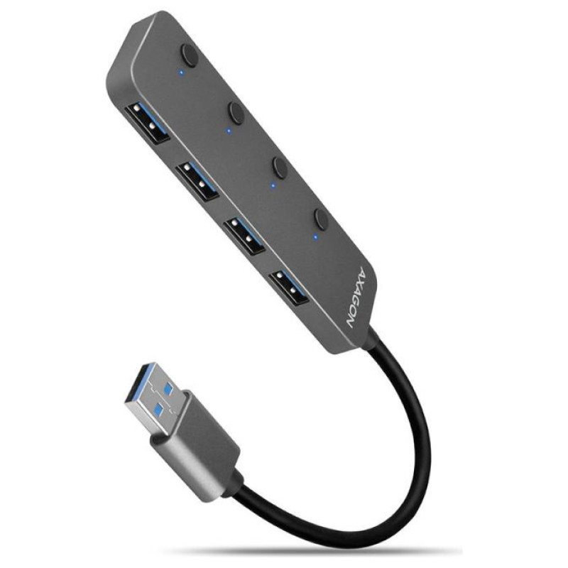 Axagon HUE-MSA 4x USB3.2 Gen 1 SWITCH hub, metal, micro USB power IN, 20cm USB-A cable