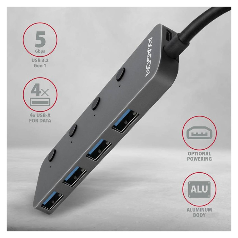 Axagon HUE-MSA 4x USB3.2 Gen 1 SWITCH hub, metal, micro USB power IN, 20cm USB-A cable