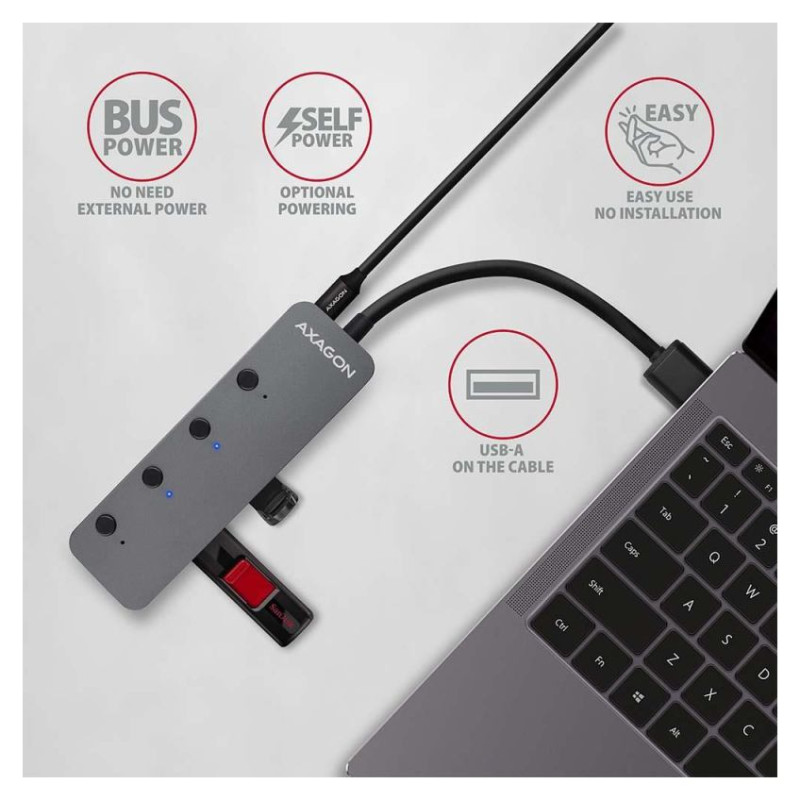 Axagon HUE-MSA 4x USB3.2 Gen 1 SWITCH hub, metal, micro USB power IN, 20cm USB-A cable