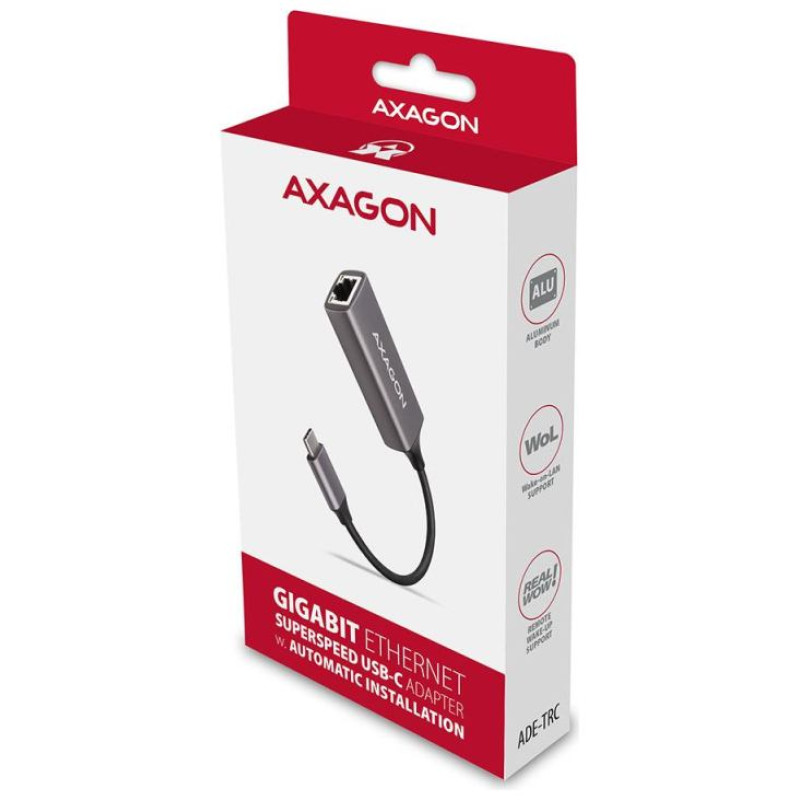 Axagon ADE-TRC Type-C USB3.2 Gen 1 - Gigabit Ethernet 10/100/1000 Adapter, metal, titan grey