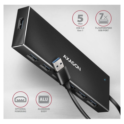 Axagon Seven-port USB 3.2 Gen 1 hub with charging support. Connector for external power supply. USB-A cable 1 m.