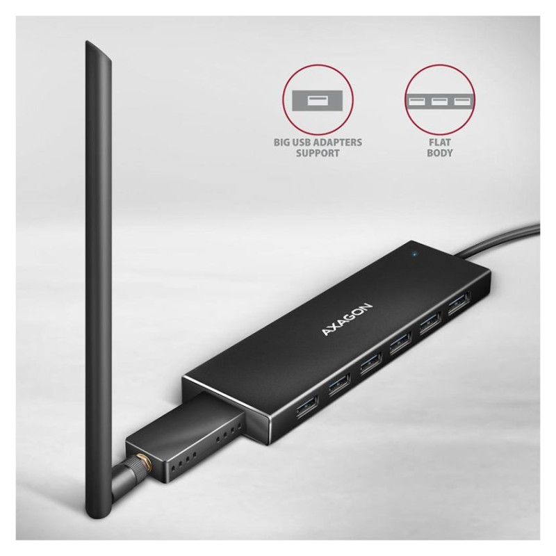 Axagon Seven-port USB 3.2 Gen 1 hub with charging support. Connector for external power supply. USB-A cable 1 m.