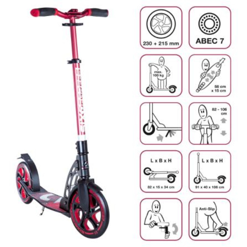 Six Degrees Scooter skrejritenis 230 mm un 215 mm, sarkans - AU 513