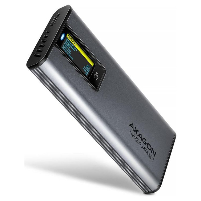 Axagon EEM2-SD2 USB-C 3.2 Gen 2 - M.2 NVMe / SATA SSD 30-80mm ALU box grey, LCD display