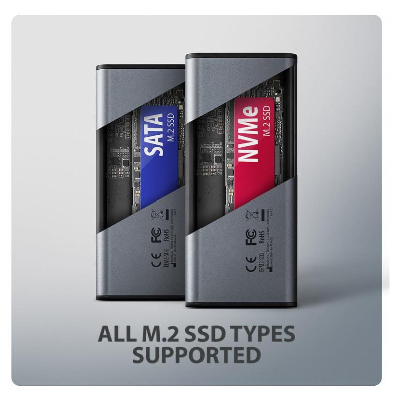 Axagon EEM2-SD2 USB-C 3.2 Gen 2 - M.2 NVMe / SATA SSD 30-80mm ALU box grey, LCD display