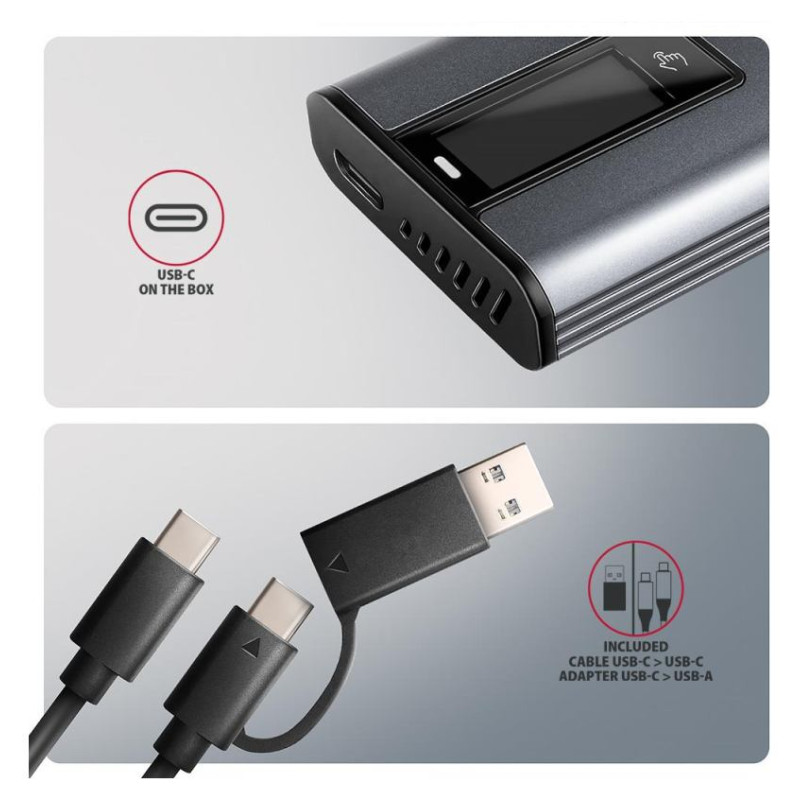 Axagon EEM2-SD2 USB-C 3.2 Gen 2 - M.2 NVMe / SATA SSD 30-80mm ALU box grey, LCD display