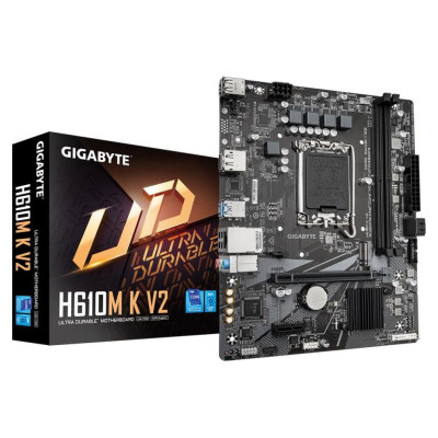 Gigabyte Mainboard|GIGABYTE|Intel H610|LGA1700|Micro-ATX|Memory DDR5|Memory slots 2|1xPCI-Express 3.0 1x|1xPCI-Express 4.0 16x|1xM.2|1xHDMI|1xDisplayPort|4xUSB 2.0|2xUSB 3.2|1xPS/2|1xRJ45|3xAudio port|H610MKV2
