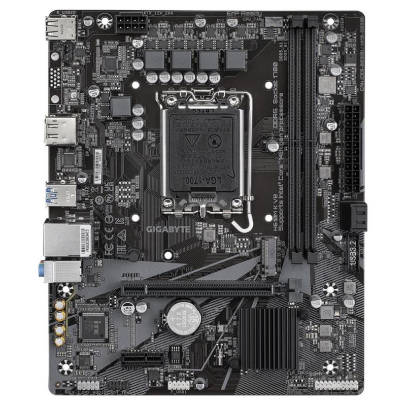 Gigabyte Mainboard|GIGABYTE|Intel H610|LGA1700|Micro-ATX|Memory DDR5|Memory slots 2|1xPCI-Express 3.0 1x|1xPCI-Express 4.0 16x|1xM.2|1xHDMI|1xDisplayPort|4xUSB 2.0|2xUSB 3.2|1xPS/2|1xRJ45|3xAudio port|H610MKV2
