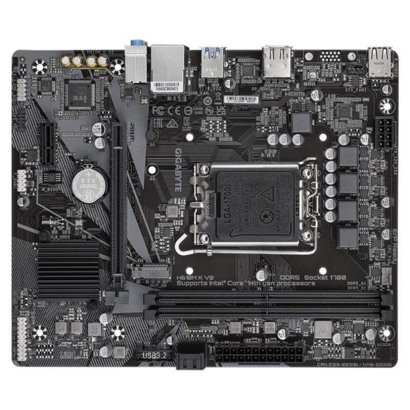 Gigabyte Mainboard|GIGABYTE|Intel H610|LGA1700|Micro-ATX|Memory DDR5|Memory slots 2|1xPCI-Express 3.0 1x|1xPCI-Express 4.0 16x|1xM.2|1xHDMI|1xDisplayPort|4xUSB 2.0|2xUSB 3.2|1xPS/2|1xRJ45|3xAudio port|H610MKV2