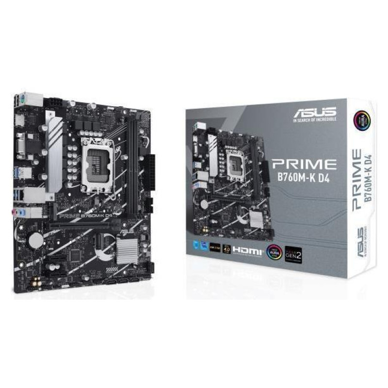Asus Mainboard|ASUS|Intel B760 Express|LGA1700|Micro-ATX|Memory DDR4|Memory slots 2|2xPCI-Express 4.0 1x|1xPCI-Express 4.0 16x|2xM.2|1x15pin D-sub|1xHDMI|2xUSB 2.0|4xUSB 3.2|1xPS/2|1xRJ45|3xAudio port|PRIMEB760M-KD4