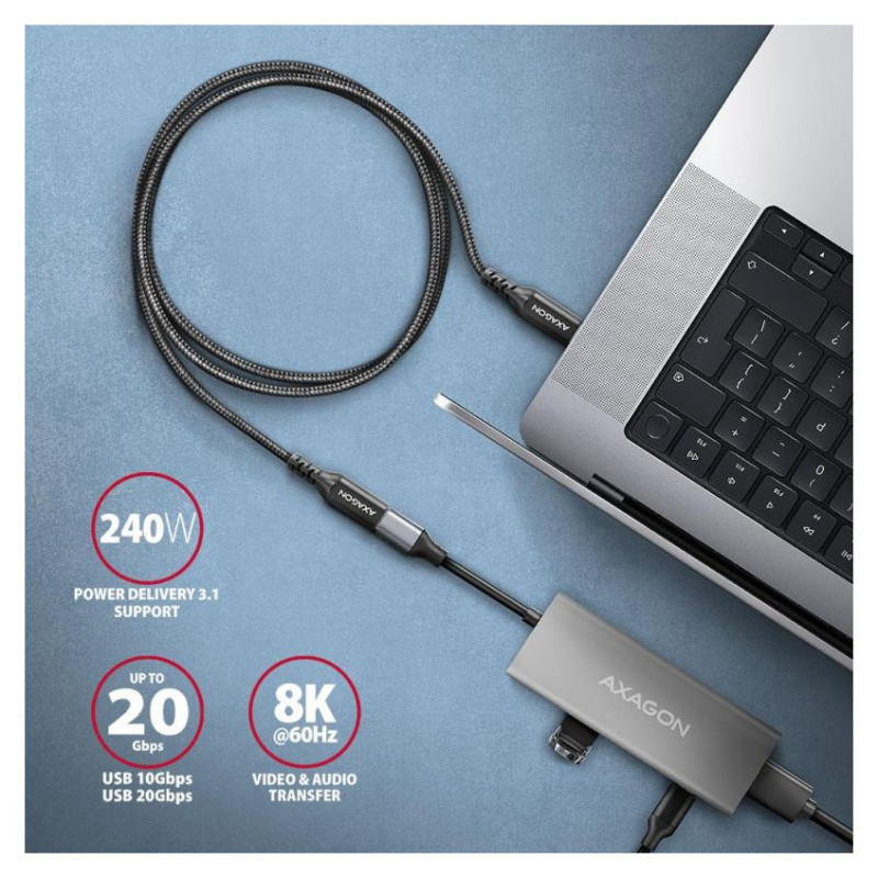 Axagon Extension USB 20Gbps cable length 0.5 m. PD 240W, 5A, 8K HD video. Black braided.