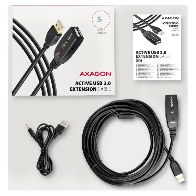 Axagon Active extension USB 2.0 A-M> A-F cable, 5 m long. Power supply option.