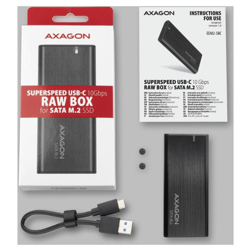 Axagon EEM2-SBC, M.2 SATA screwless RAW box, black, SuperSpeed USB-C 10 Gbps