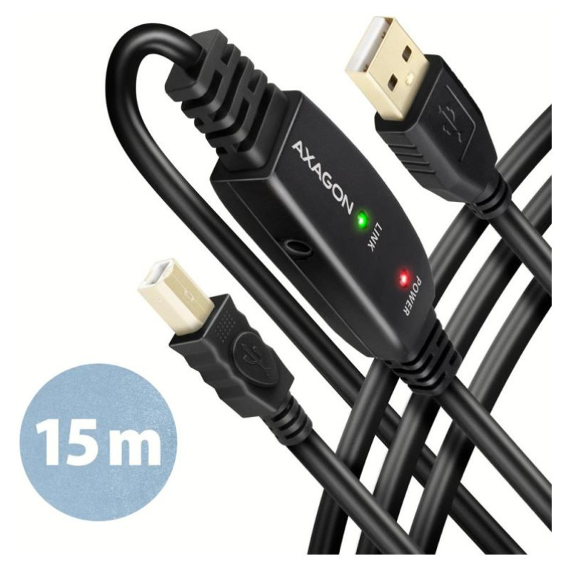 Axagon ADR-215B Active connection USB 2.0 A-M > B-M cable, 15 m long. Power supply option.