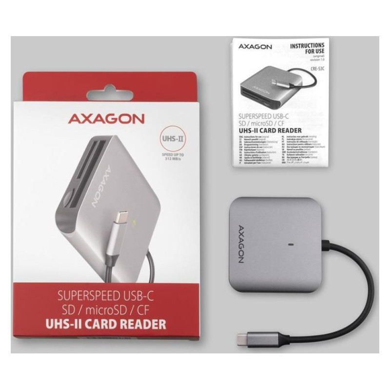 Axagon Aluminum high-speed USB-C 3.2 Gen 1 memory card reader. 3 slots, UHS-II.