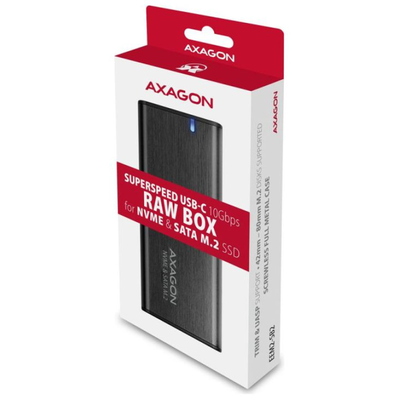 Axagon External USB-C 3.2 Gen 2 metal box for M.2 NVMe & SATA SSD disks. Screwless.