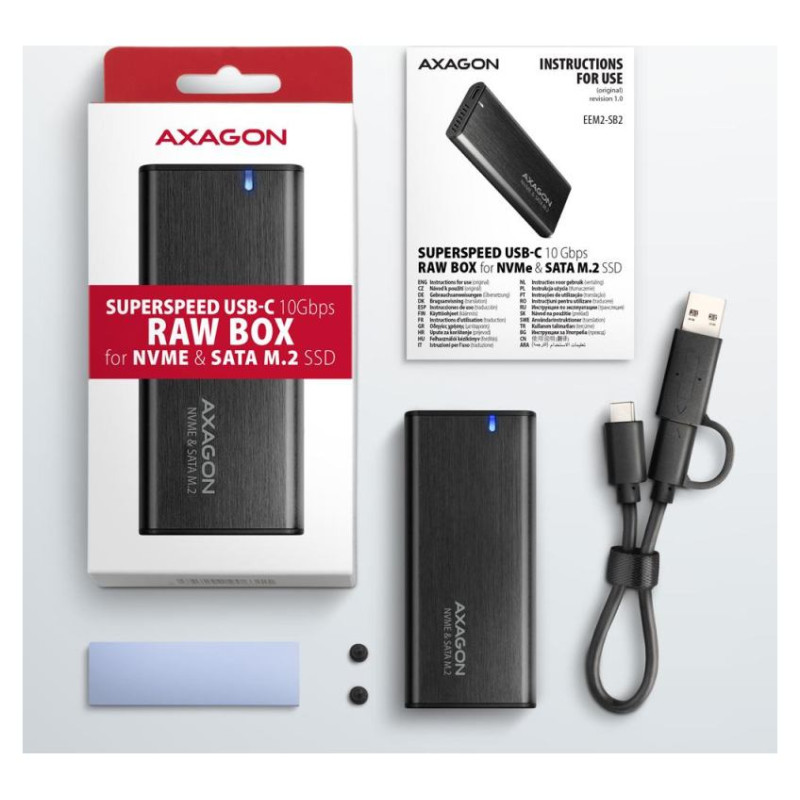 Axagon External USB-C 3.2 Gen 2 metal box for M.2 NVMe & SATA SSD disks. Screwless.
