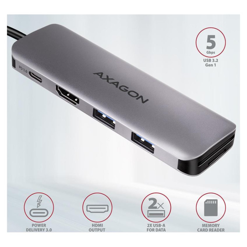 Axagon Multiport USB 3.2 Gen 1 hub. HDMI, card reader and Power Delivery. 20 cm USB-C cable.