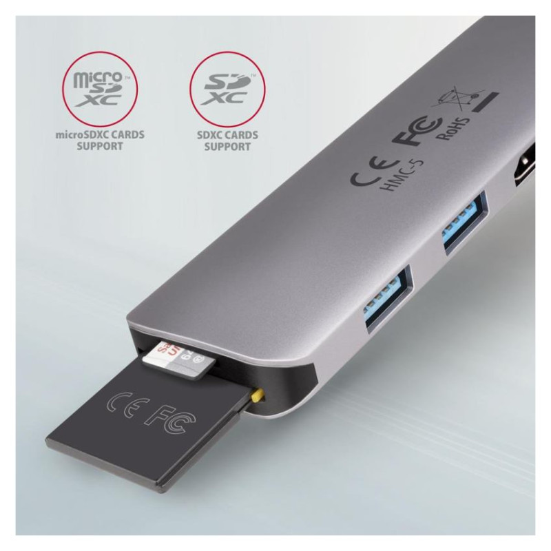 Axagon Multiport USB 3.2 Gen 1 hub. HDMI, card reader and Power Delivery. 20 cm USB-C cable.