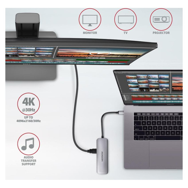 Axagon Multiport USB 3.2 Gen 1 hub. HDMI, card reader and Power Delivery. 20 cm USB-C cable.