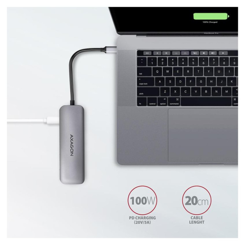 Axagon Multiport USB 3.2 Gen 1 hub. HDMI, card reader and Power Delivery. 20 cm USB-C cable.