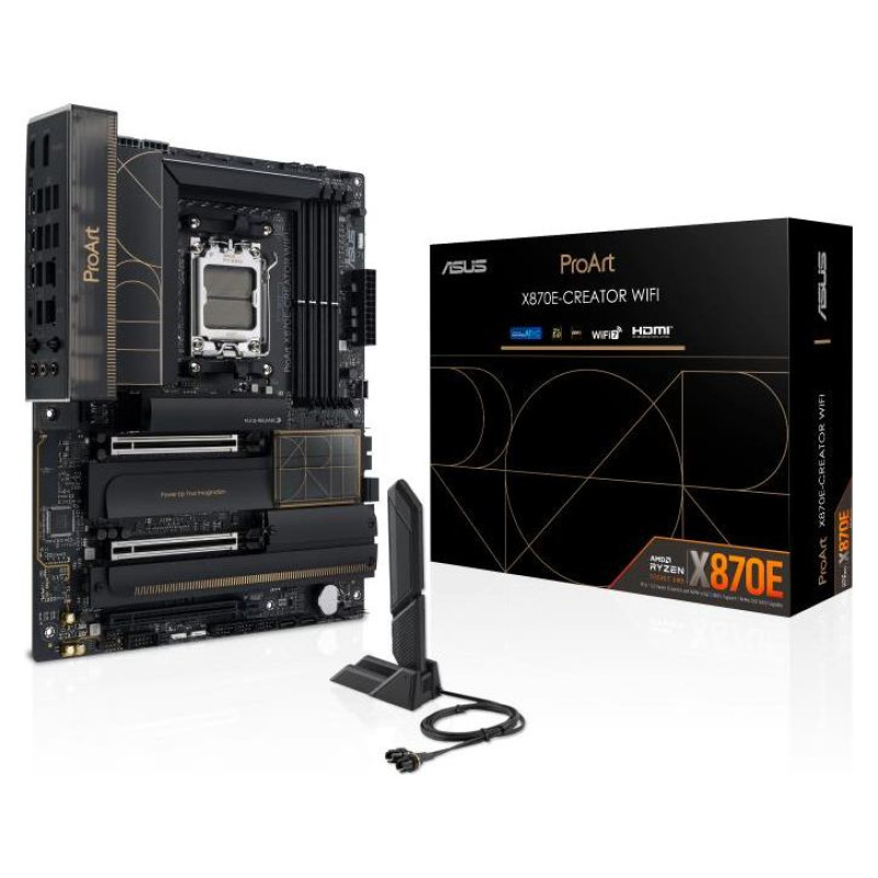 Asus Mainboard|ASUS|AMD X870E|SAM5|ATX|Memory DDR5|Memory slots 4|3xPCI-Express 4.0 16x|2xPCI-Express 5.0 16x|4xM.2|1xHDMI|1xDisplayPort|1xUSB 2.0|7xUSB 3.2|3xUSB-C|1xRJ45|3xAudio port|PROARTX870E-CREATORWIFI
