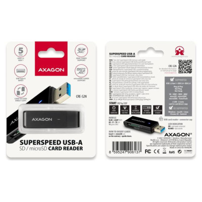 Axagon Slim super-speed USB 3.2 Gen 1 card reader with a direct USB-A connector.
