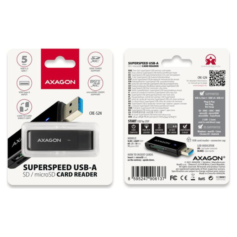 Axagon Slim super-speed USB 3.2 Gen 1 card reader with a direct USB-A connector.