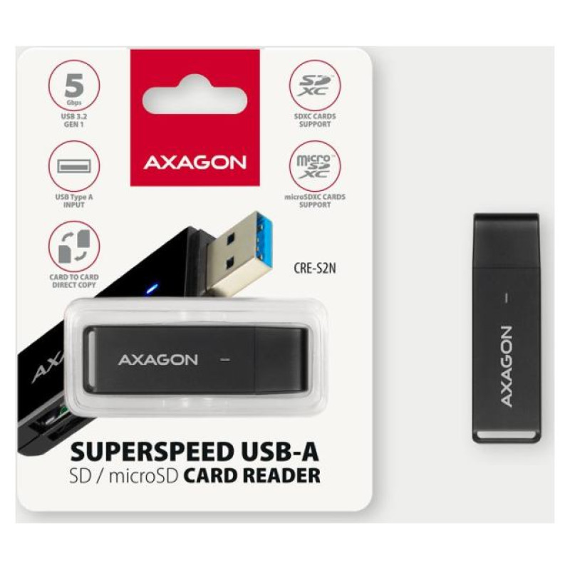 Axagon Slim super-speed USB 3.2 Gen 1 card reader with a direct USB-A connector.