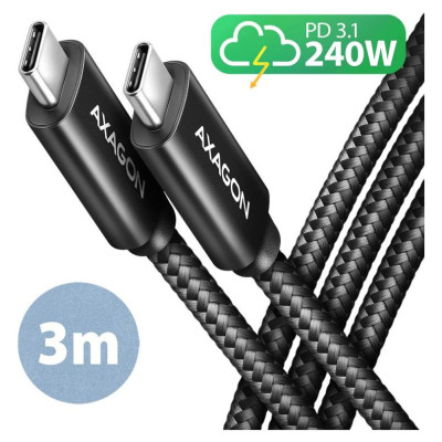 Axagon Data and charging USB 480Mbps cable length 3 m. PD 240W, 5A. Black braided.