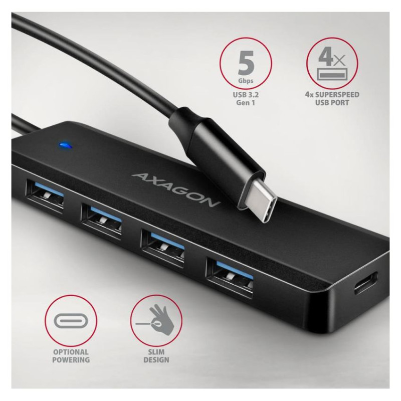 Axagon HUE-C1C 4x USB3.2 Gen 1 Travel hub, USB-C power IN, w. 20cm Type-C cable