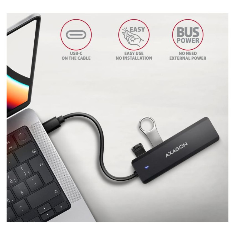 Axagon HUE-C1C 4x USB3.2 Gen 1 Travel hub, USB-C power IN, w. 20cm Type-C cable