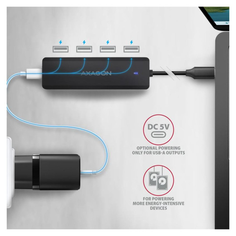 Axagon HUE-C1C 4x USB3.2 Gen 1 Travel hub, USB-C power IN, w. 20cm Type-C cable