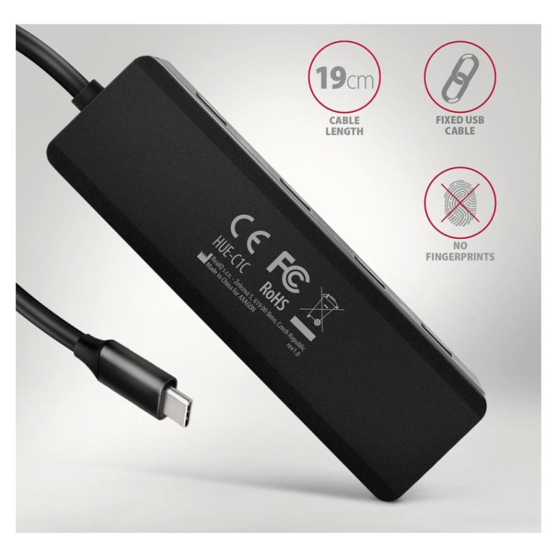 Axagon HUE-C1C 4x USB3.2 Gen 1 Travel hub, USB-C power IN, w. 20cm Type-C cable