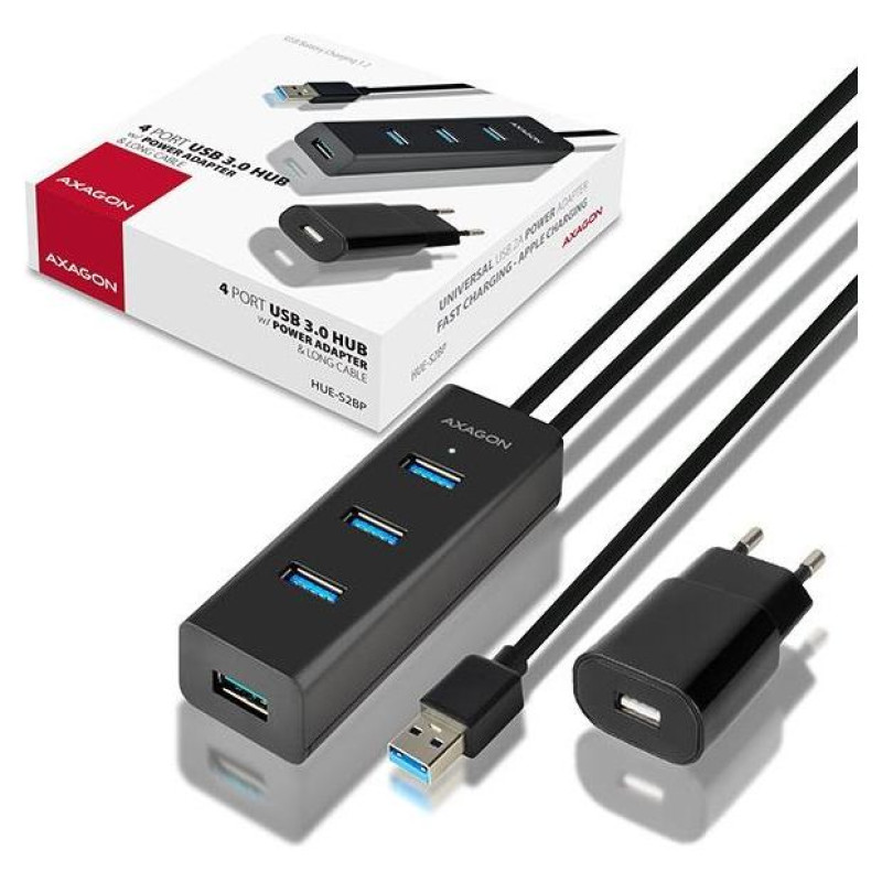 Axagon HUE-S2BP 4x USB3.0 Charging Hub 1.2m Cable, MicroUSB Charging, Incl. AC Adapter